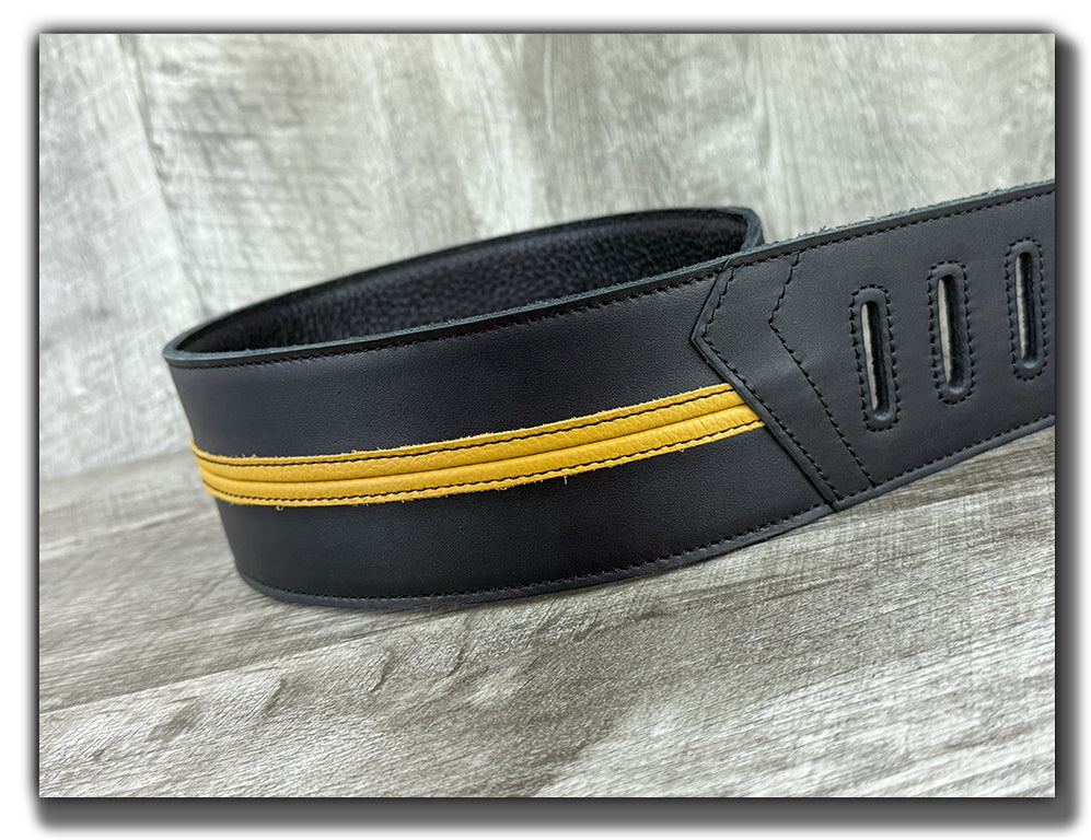 Straight Up - Carbon Black with Mustard Yellow Stripe Leather Guitar Strap