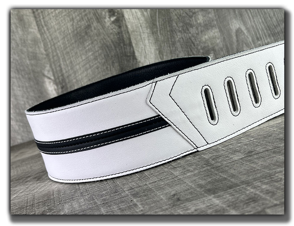 Straight Up - Frostfire White with Black Stripe Leather Guitar Strap