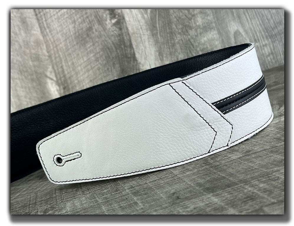 Straight Up - Frostfire White with Black Stripe Leather Guitar Strap