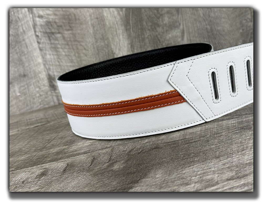 Straight Up - Frostfire White with Orange Peel Stripe Leather Guitar Strap
