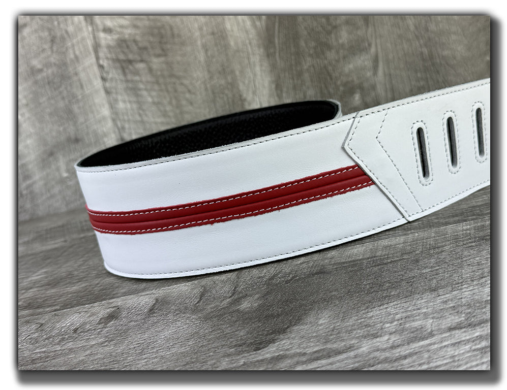 Straight Up - Frostfire White with Cherry Red Stripe Leather Guitar Strap