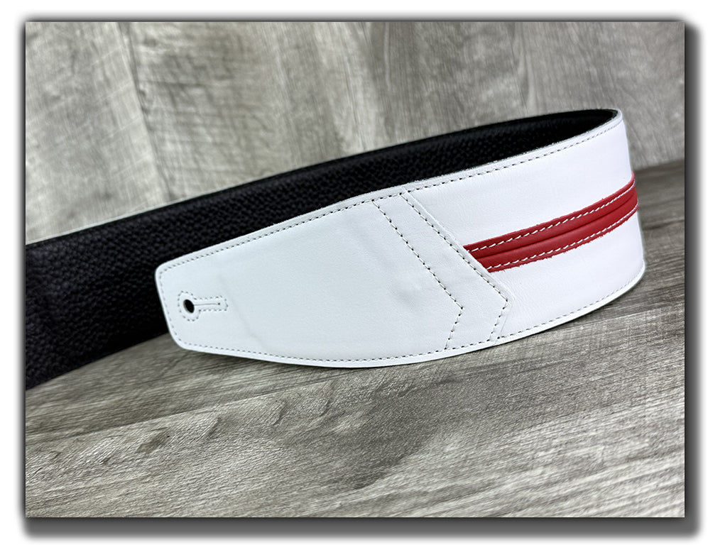 Straight Up - Frostfire White with Cherry Red Stripe Leather Guitar Strap
