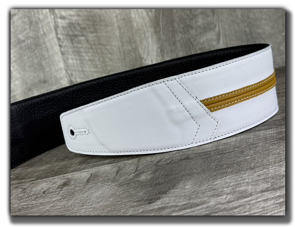 Straight Up - Frostfire White with Mustard Yellow Stripe Leather Guitar Strap