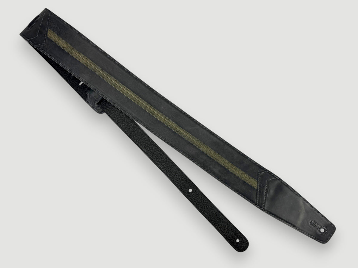 Straight Up - Relic Black with Sage Stripe Leather Guitar Strap