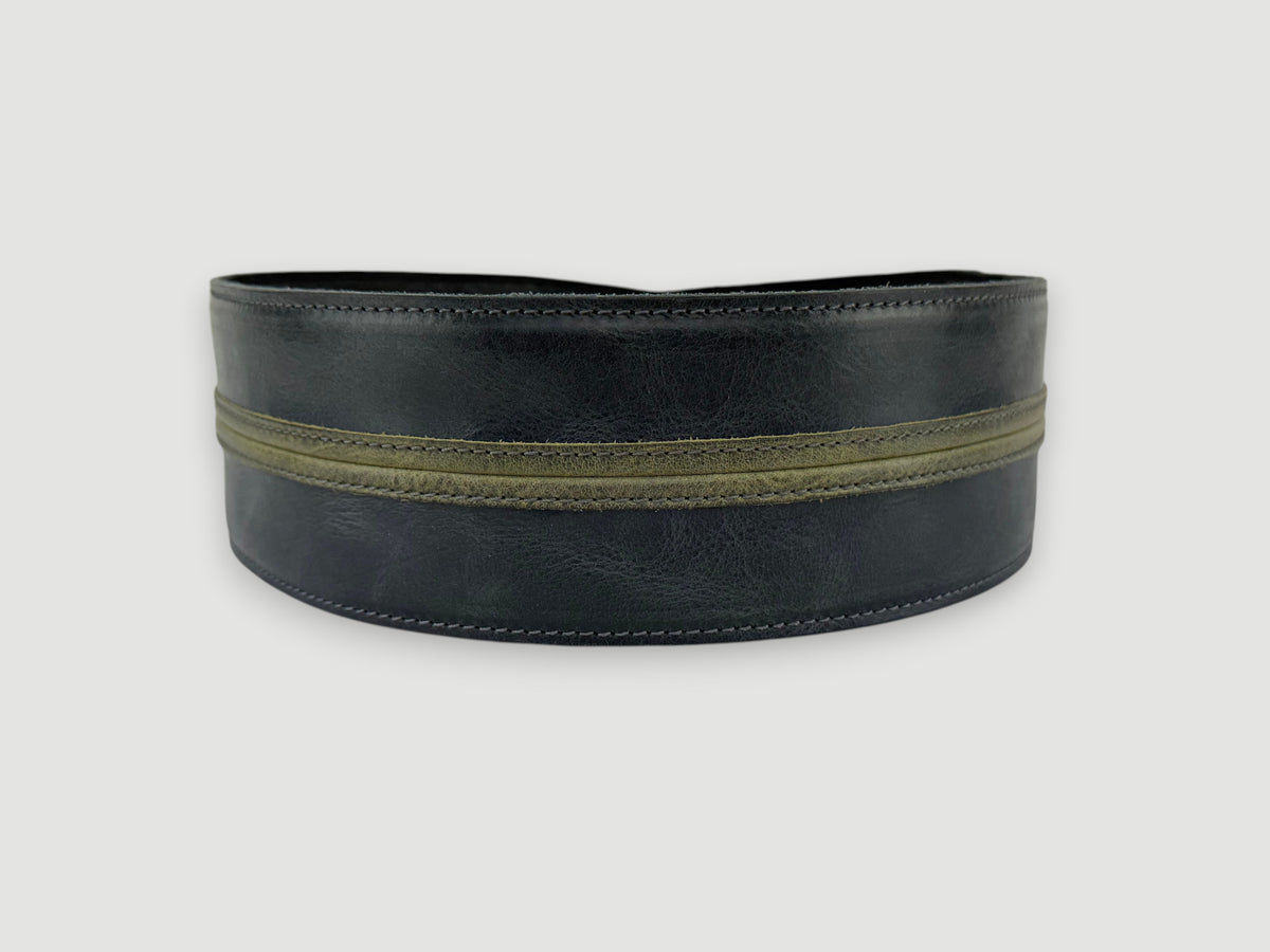 Straight Up - Relic Black with Sage Stripe Leather Guitar Strap
