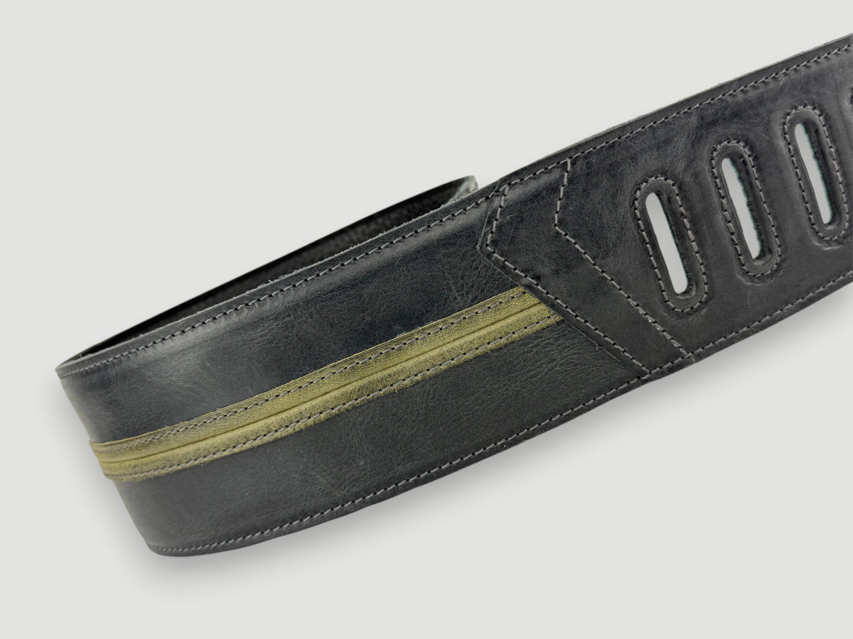 Straight Up - Relic Black with Sage Stripe Leather Guitar Strap