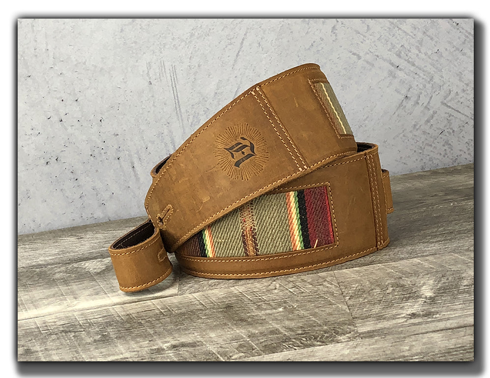 Leather Guitar Strap with Southwest Fabric