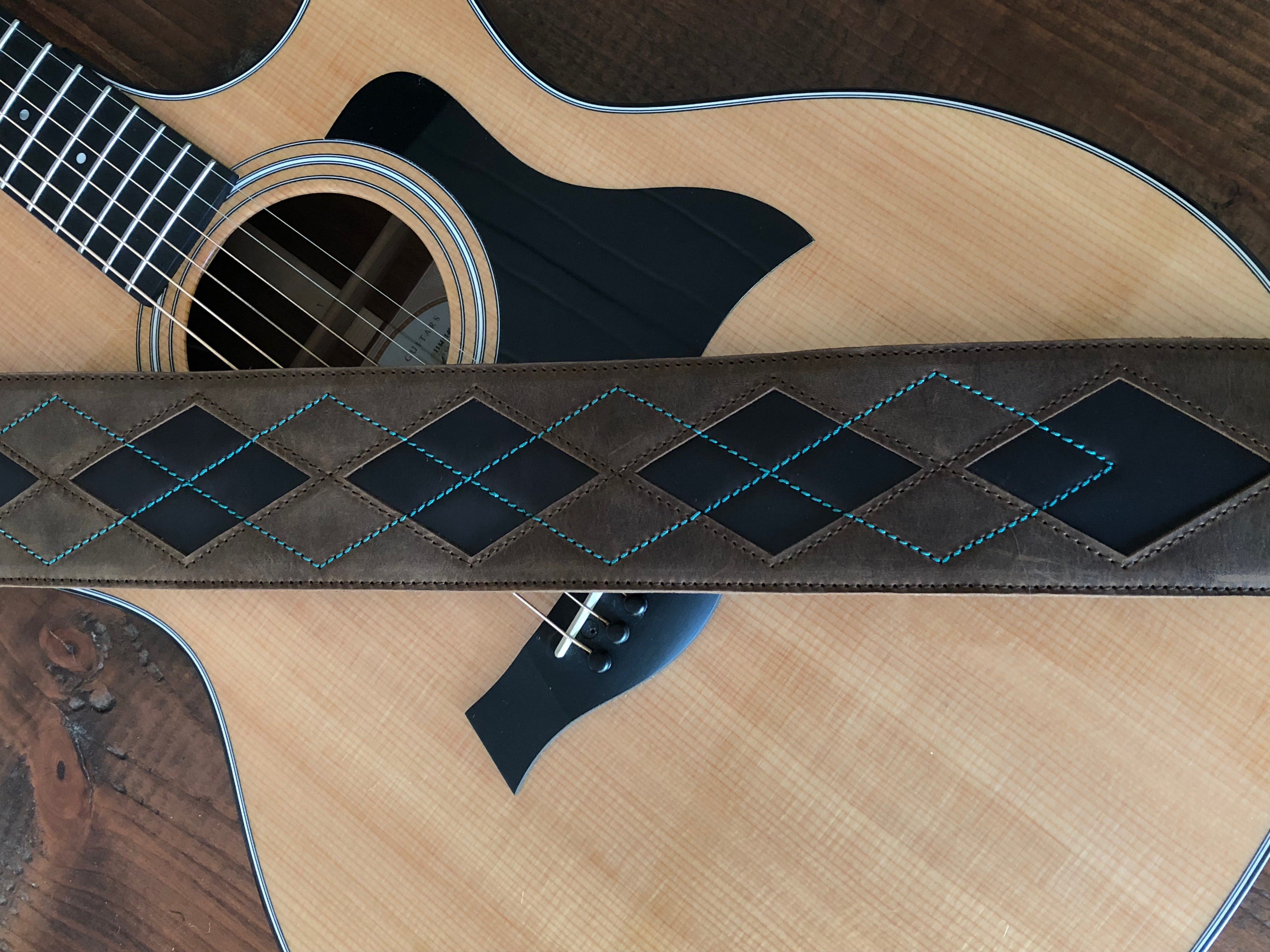 Everett - Whiskey Brown/Aqua Argyle Leather Guitar Strap