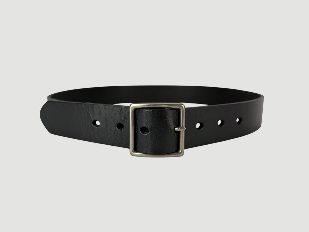 "Folio" Leather Belt - 1 1/4" Wide, Raven Black, No Stitching, Center Bar Buckle, Matte Nickel