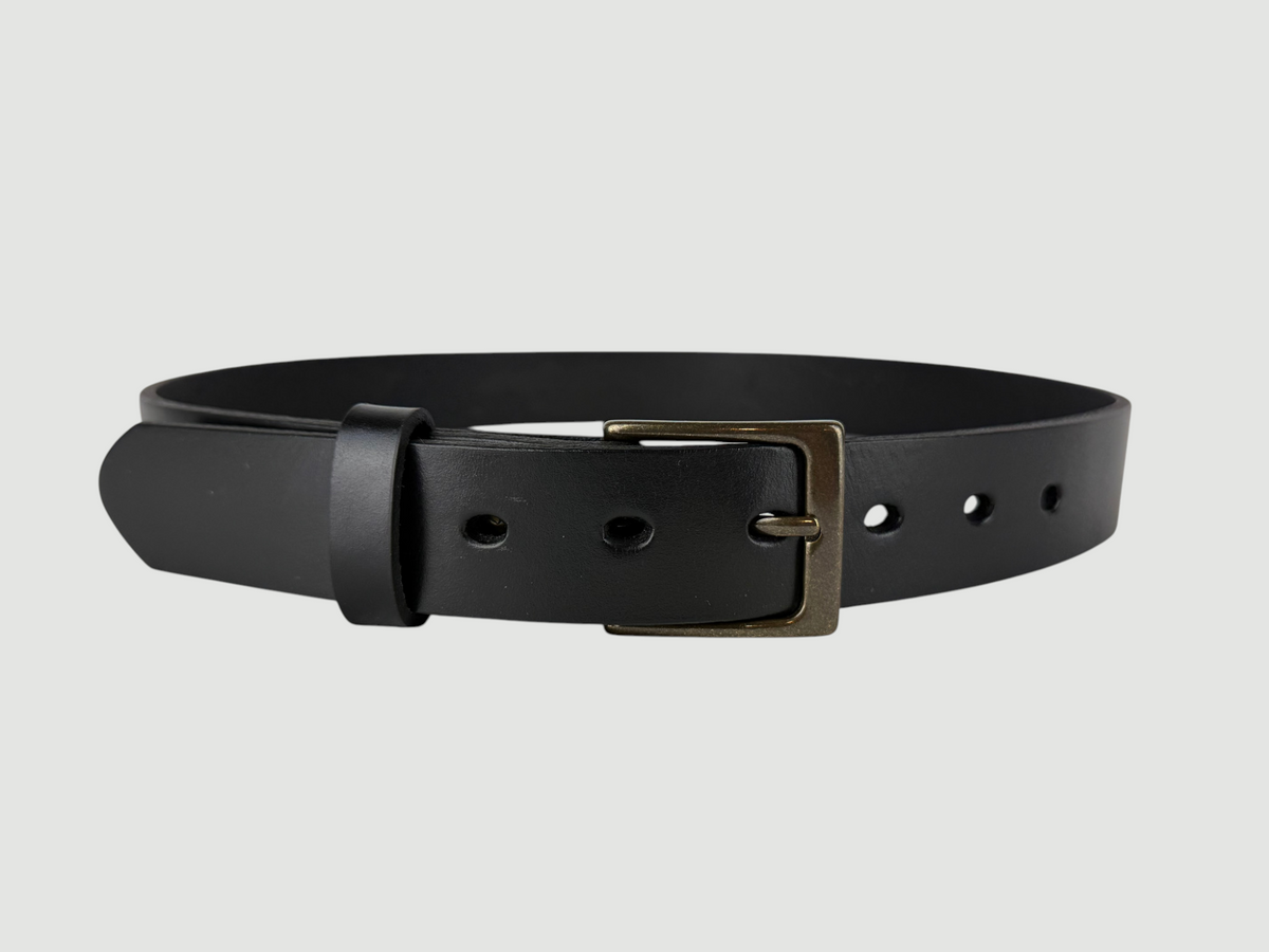 "Folio" Leather Belt - 1 1/4" Wide, Raven Black, No Stitching, Heel Bar Buckle, Antique Brass