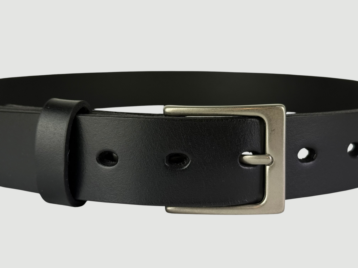 "Folio" Leather Belt - 1 1/4" Wide, Raven Black, No Stitching, Heel Bar Buckle, Matte Nickel