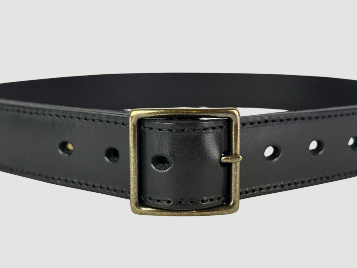 "Folio" Leather Belt - 1 1/4" Wide, Raven Black, Stitching, Center Bar Buckle, Antique Brass