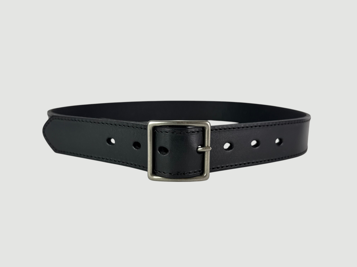 "Folio" Leather Belt - 1 1/4" Wide, Raven Black, Stitching, Center Bar Buckle, Matte Nickel
