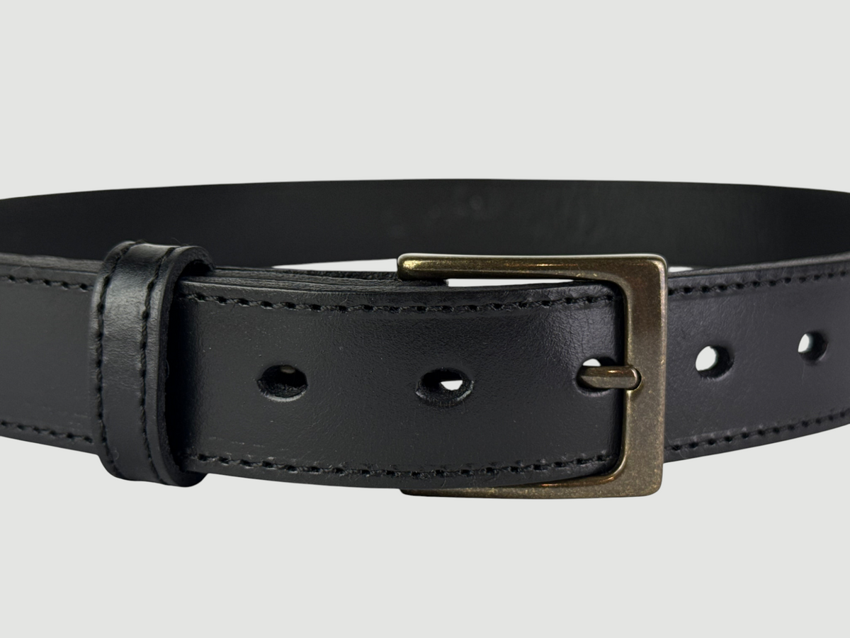 "Folio" Leather Belt - 1 1/4" Wide, Raven Black, Stitching, Heel Bar Buckle, Antique Brass