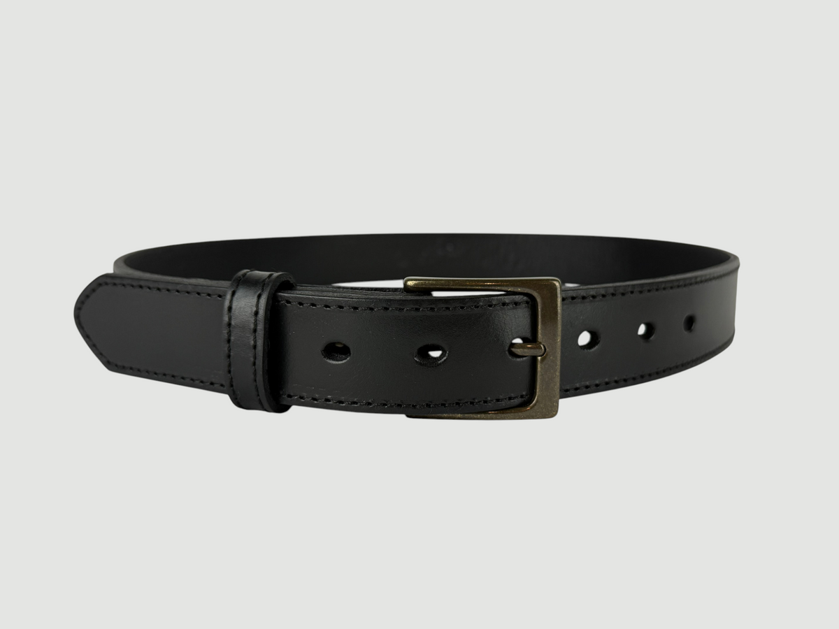 "Folio" Leather Belt - 1 1/4" Wide, Raven Black, Stitching, Heel Bar Buckle, Antique Brass
