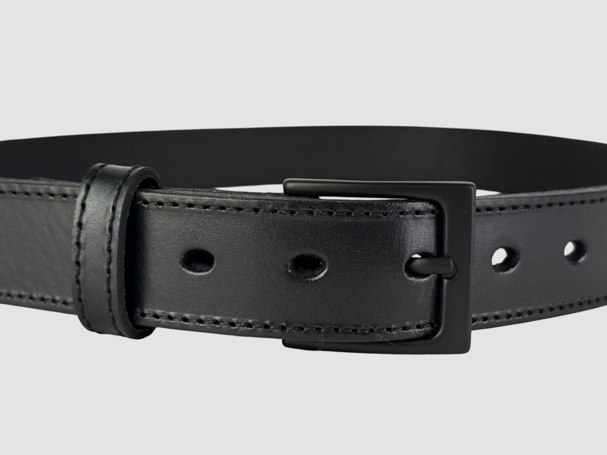"Folio" Leather Belt - 1 1/4" Wide, Raven Black, Stitching, Heel Bar Buckle, Matte Black