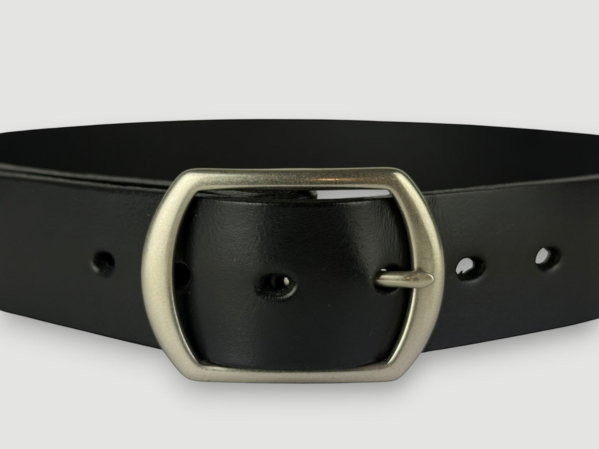 "Folio" Leather Belt - 1 1/2" Wide, Raven Black, No Stitching, Center Bar Buckle, Matte Nickel