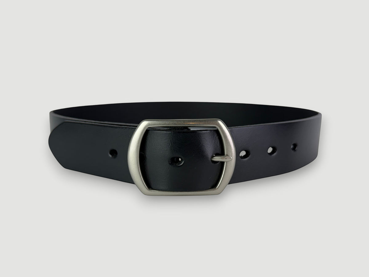 "Folio" Leather Belt - 1 1/2" Wide, Raven Black, No Stitching, Center Bar Buckle, Matte Nickel