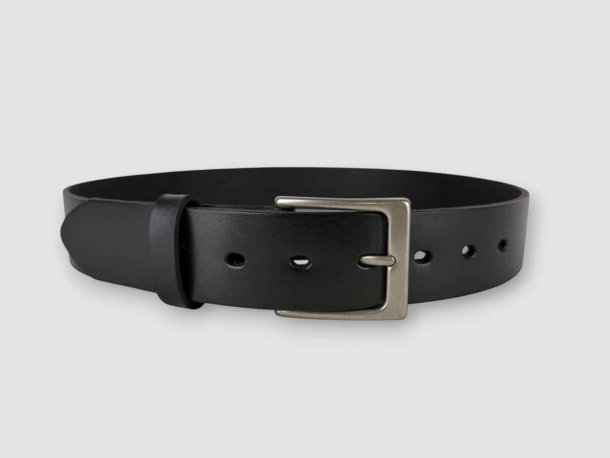 "Folio" Leather Belt - 1 1/2" Wide, Raven Black, No Stitching, Heel Bar Buckle, Matte Nickel