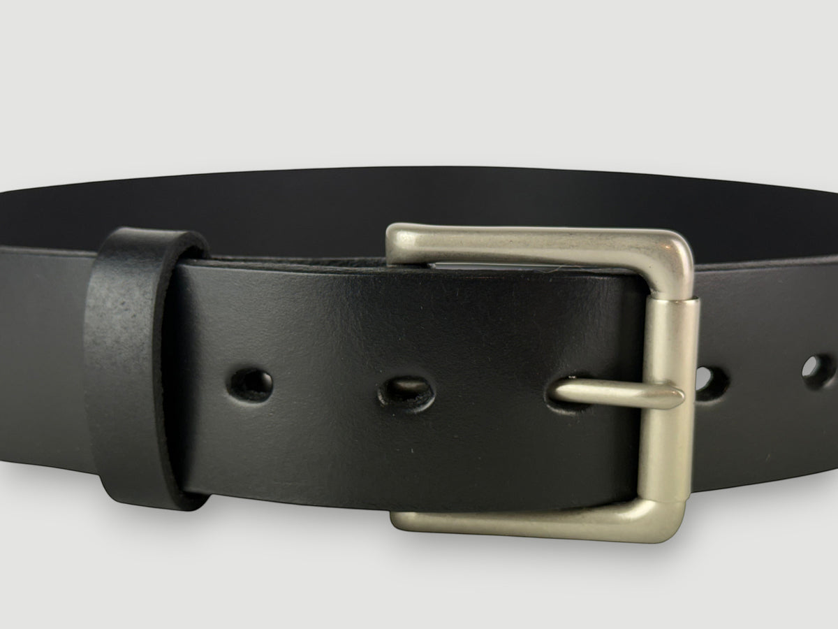 "Folio" Leather Belt - 1 1/2" Wide, Raven Black, No Stitching, Roller Bar Buckle, Matte Nickel