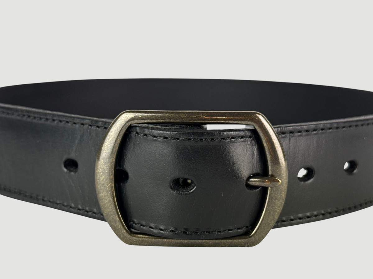 "Folio" Leather Belt - 1 1/2" Wide, Raven Black, Stitching, Center Bar Buckle, Antique Brass