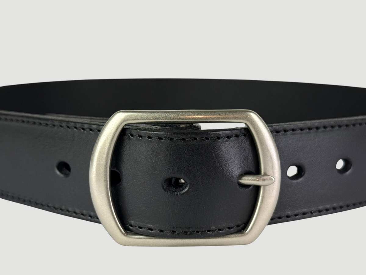 "Folio" Leather Belt - 1 1/2" Wide, Raven Black, Stitching, Center Bar Buckle, Matte Nickel