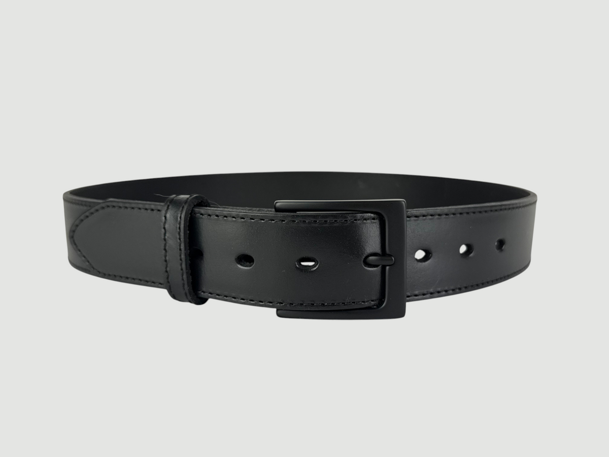 "Folio" Leather Belt - 1 1/2" Wide, Raven Black, Stitching, Heel Bar Buckle, Matte Black