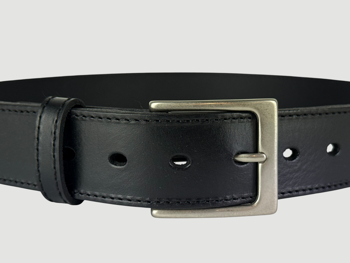 "Folio" Leather Belt - 1 1/2" Wide, Raven Black, Stitching, Heel Bar Buckle, Matte Nickel
