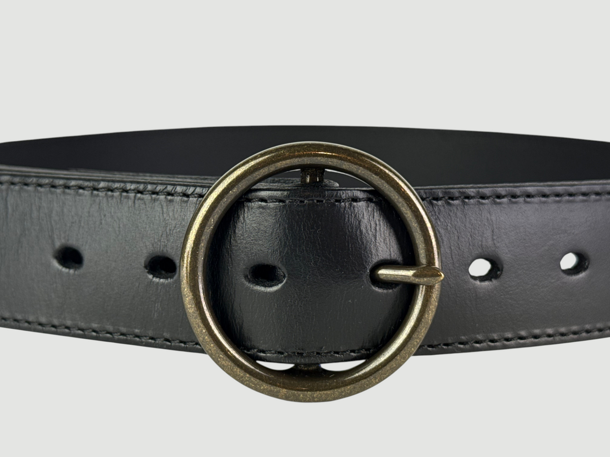 "Folio" Leather Belt - 1 1/2" Wide, Raven Black, Stitching, O-Ring Buckle, Antique Brass
