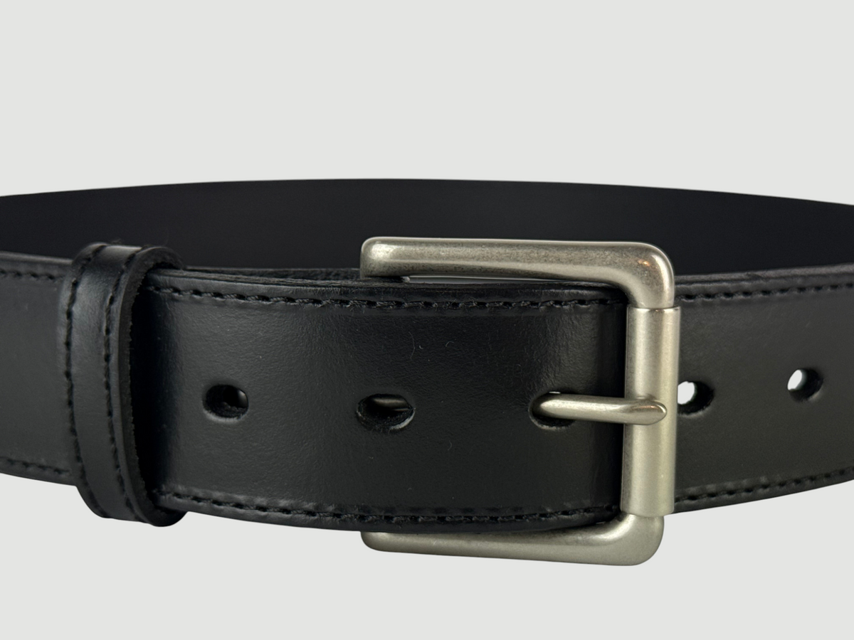 "Folio" Leather Belt - 1 1/2" Wide, Raven Black, Stitching, Roller Bar Buckle, Matte Nickel
