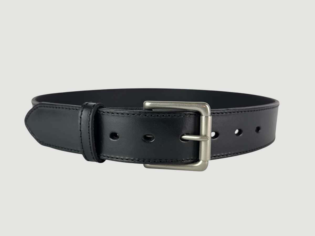"Folio" Leather Belt - 1 1/2" Wide, Raven Black, Stitching, Roller Bar Buckle, Matte Nickel