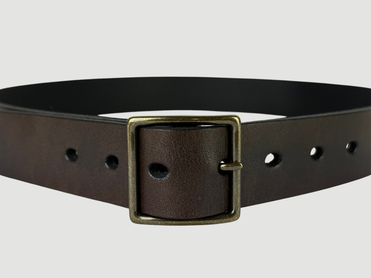 "Folio" Leather Belt - 1 1/4" Wide, Mocha Brown, No Stitching, Center Bar Buckle, Antique Brass