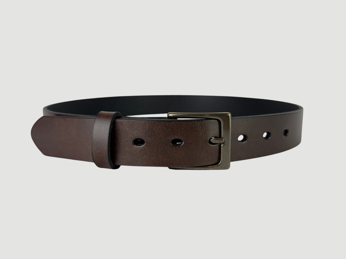 "Folio" Leather Belt - 1 1/4" Wide, Mocha Brown, No Stitching, Heel Bar Buckle, Antique Brass