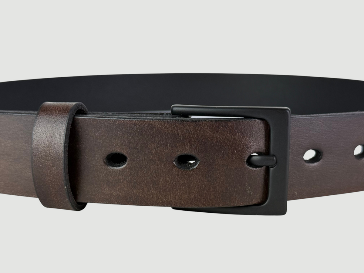 "Folio" Leather Belt - 1 1/4" Wide, Mocha Brown, No Stitching, Heel Bar Buckle, Antique Brass