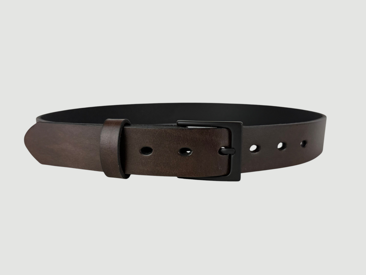 "Folio" Leather Belt - 1 1/4" Wide, Mocha Brown, No Stitching, Heel Bar Buckle, Antique Brass