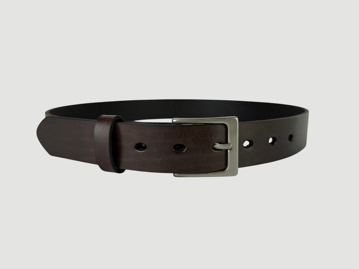"Folio" Leather Belt - 1 1/4" Wide, Mocha Brown, No Stitching, Heel Bar Buckle, Matte Nickel