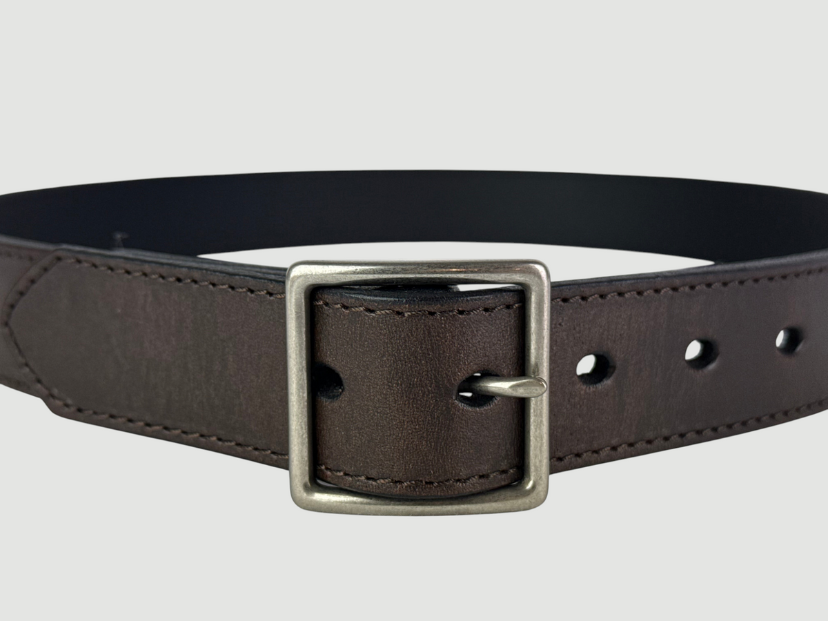 "Folio" Leather Belt - 1 1/4" Wide, Mocha Brown, Stitching, Center Bar Buckle, Matte Nickel