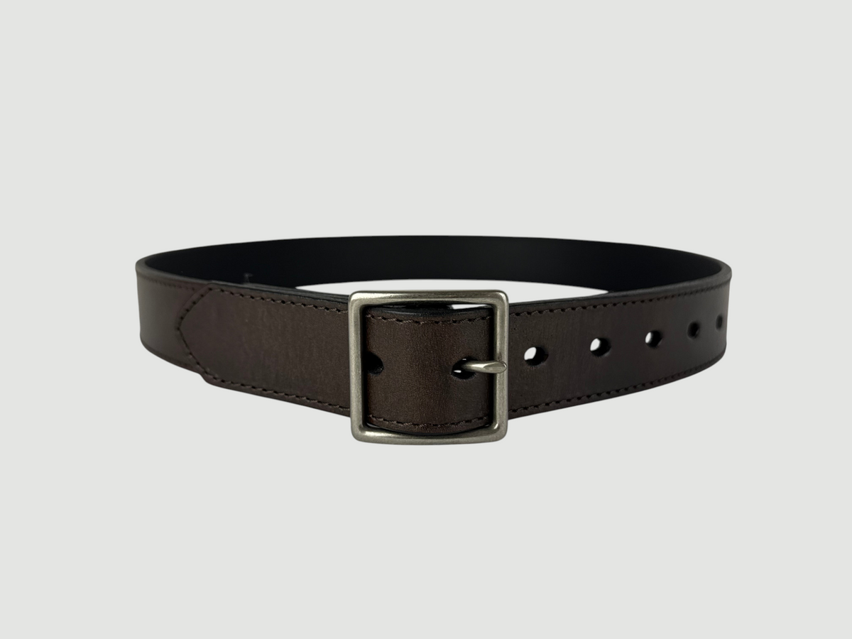 "Folio" Leather Belt - 1 1/4" Wide, Mocha Brown, Stitching, Center Bar Buckle, Matte Nickel