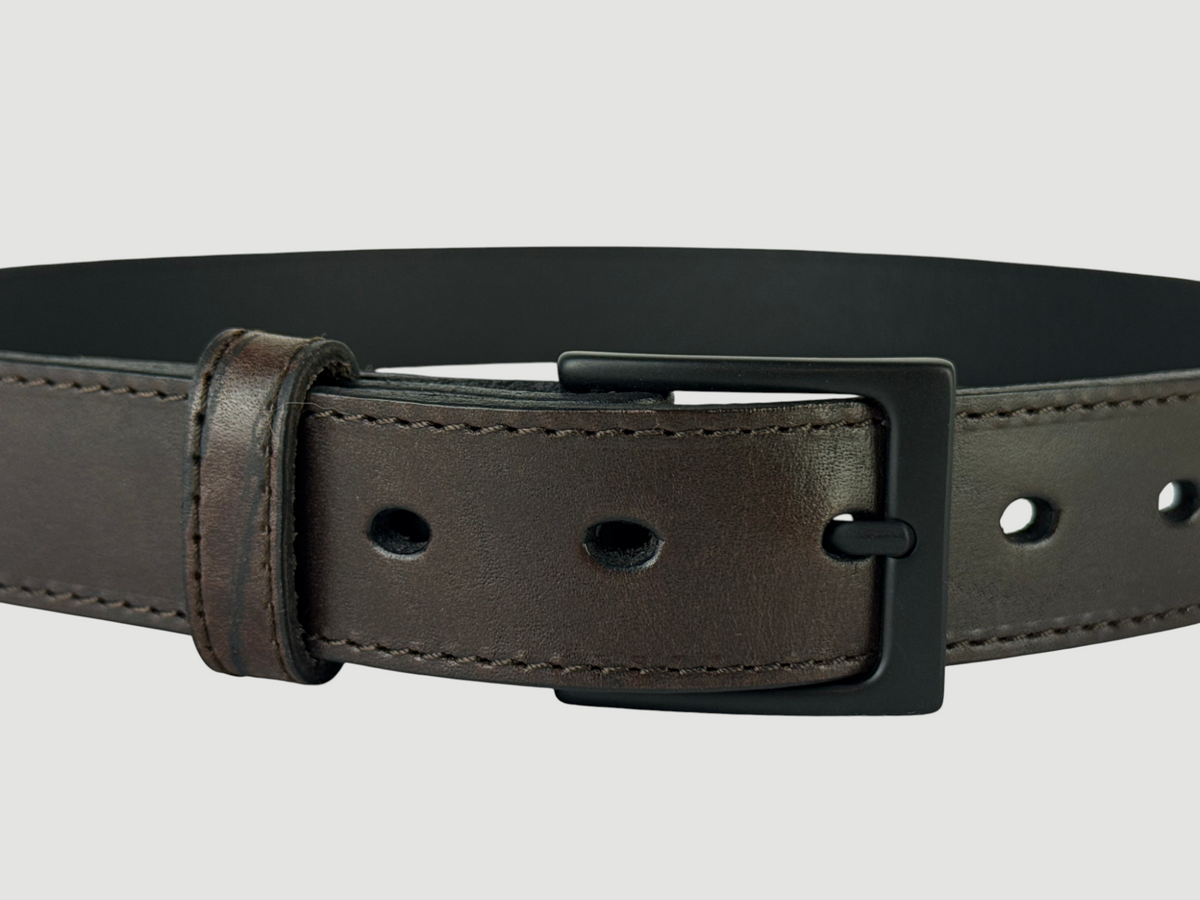 "Folio" Leather Belt - 1 1/4" Wide, Mocha Brown, Stitching, Heel Bar Buckle, Matte Black