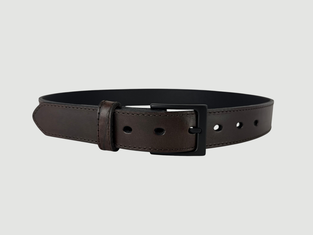 "Folio" Leather Belt - 1 1/4" Wide, Mocha Brown, Stitching, Heel Bar Buckle, Matte Black