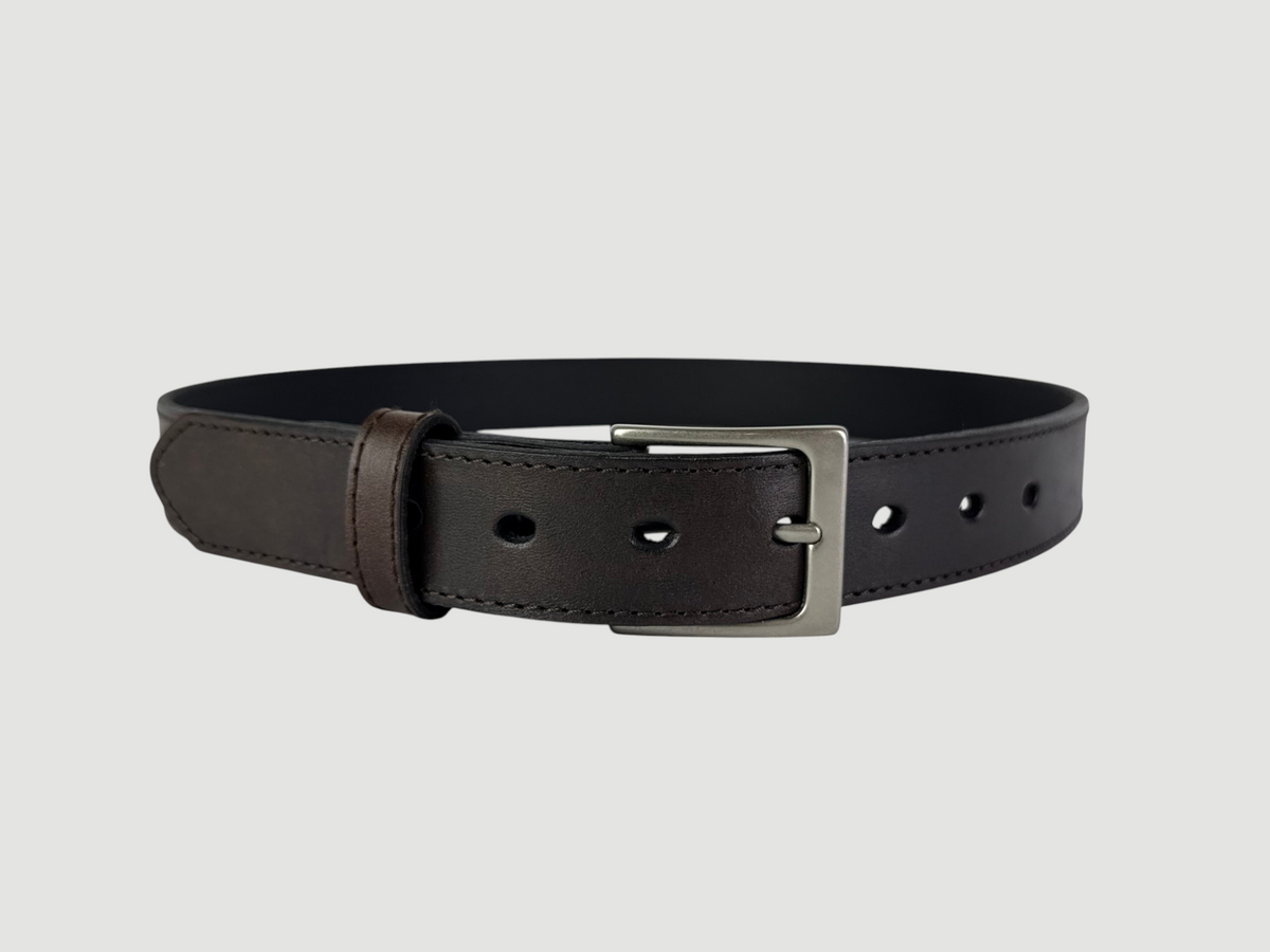 "Folio" Leather Belt - 1 1/4" Wide, Mocha Brown, Stitching, Heel Bar Buckle, Matte Nickel