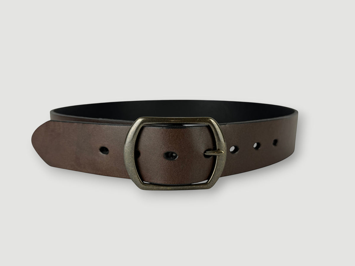 "Folio" Leather Belt - 1 1/2" Wide, Mocha Brown, No Stitching, Center Bar Buckle, Antique Brass