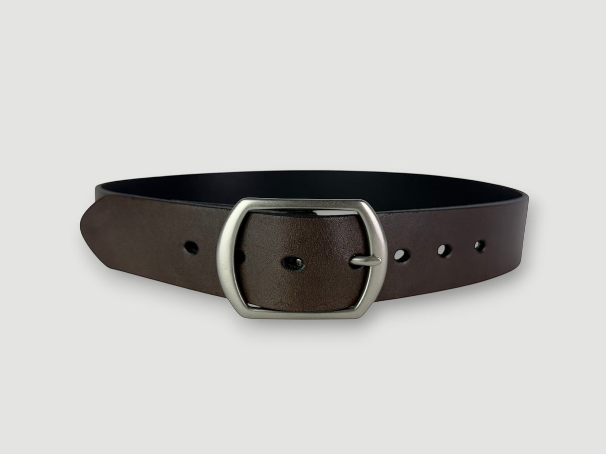 "Folio" Leather Belt - 1 1/2" Wide, Mocha Brown, No Stitching, Center Bar Buckle, Matte Nickel