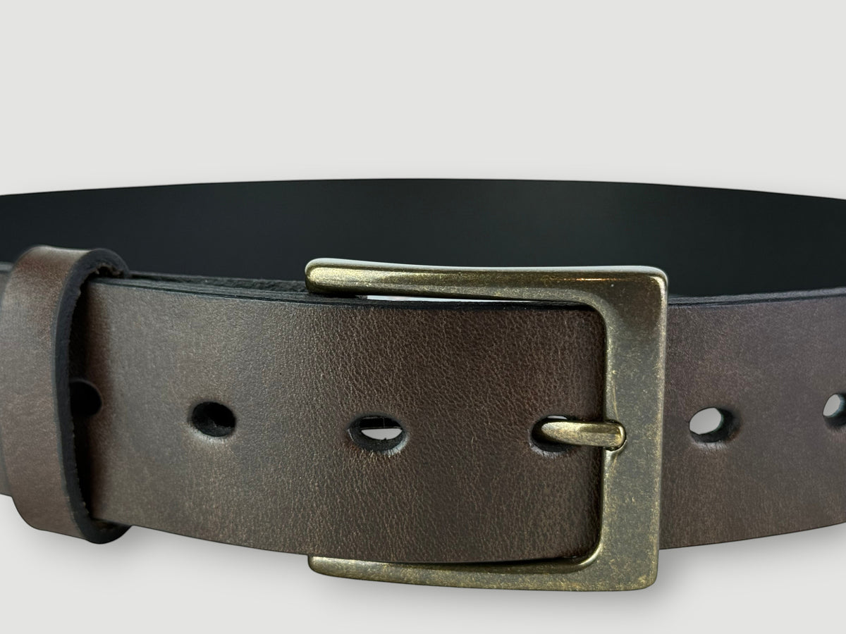 "Folio" Leather Belt - 1 1/2" Wide, Mocha Brown, No Stitching, Heel Bar Buckle, Antique Brass