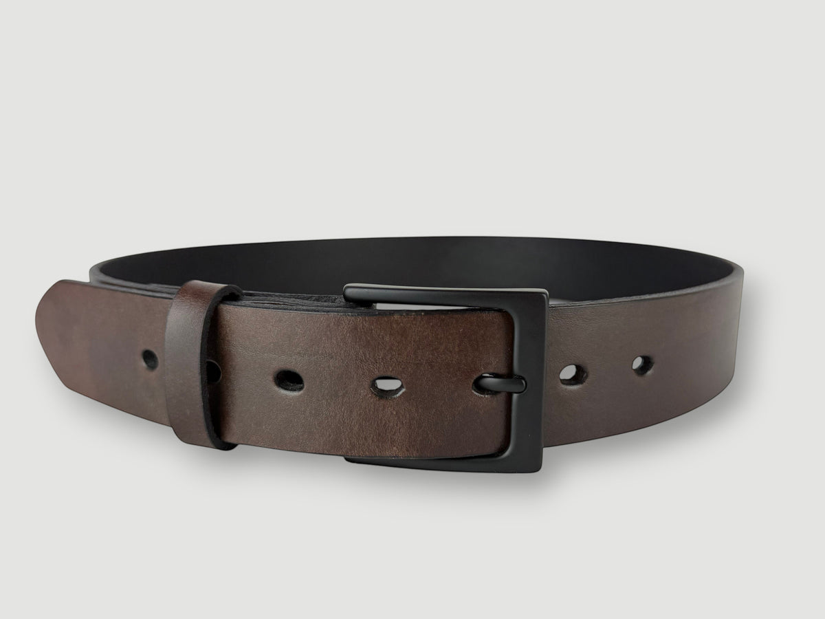 "Folio" Leather Belt - 1 1/2" Wide, Mocha Brown, No Stitching, Heel Bar Buckle, Matte Black