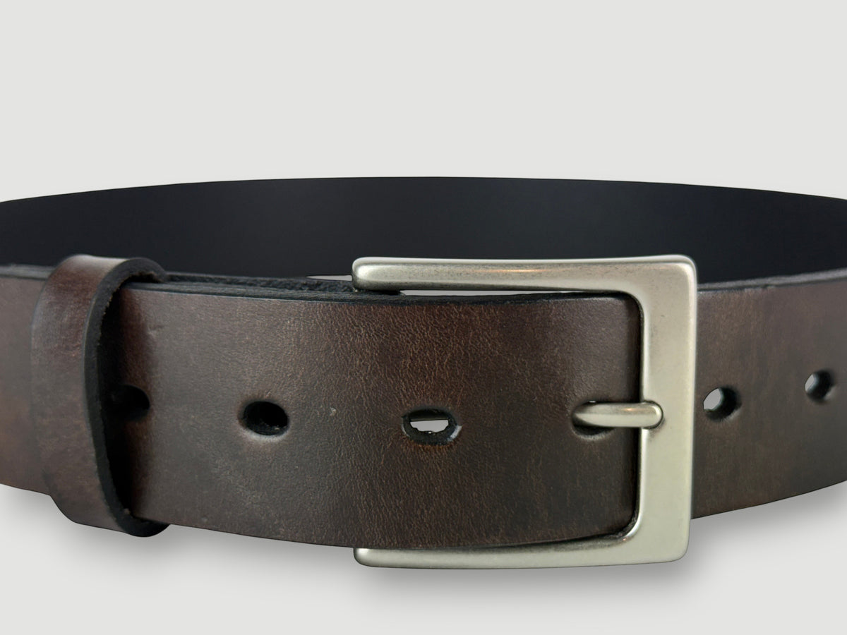 "Folio" Leather Belt - 1 1/2" Wide, Mocha Brown, No Stitching, Heel Bar Buckle, Matte Nickel