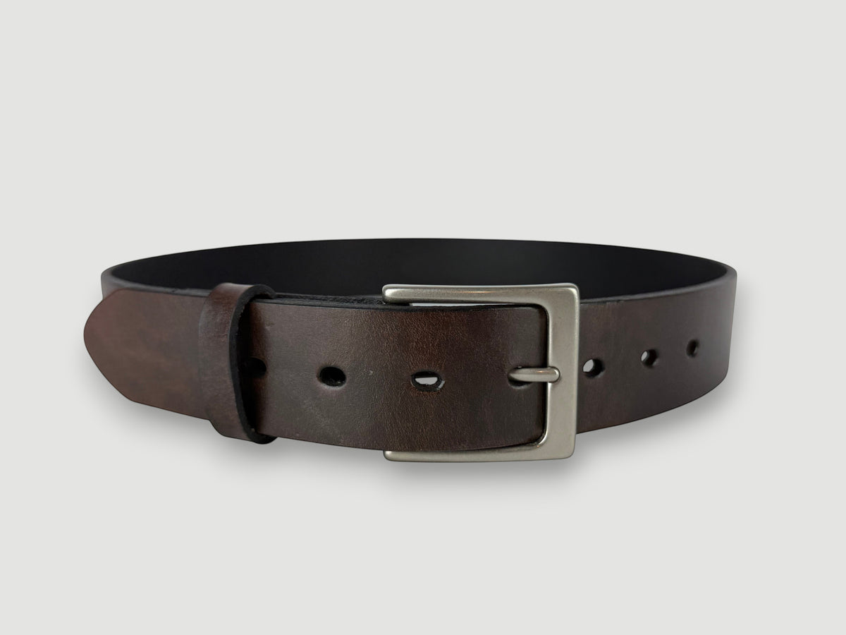 "Folio" Leather Belt - 1 1/2" Wide, Mocha Brown, No Stitching, Heel Bar Buckle, Matte Nickel