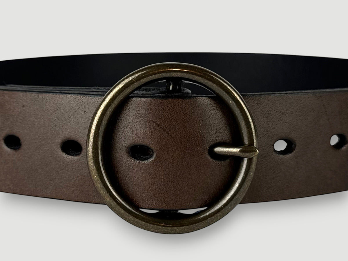 "Folio" Leather Belt - 1 1/2" Wide, Mocha Brown, No Stitching, O-Ring Buckle, Antique Brass