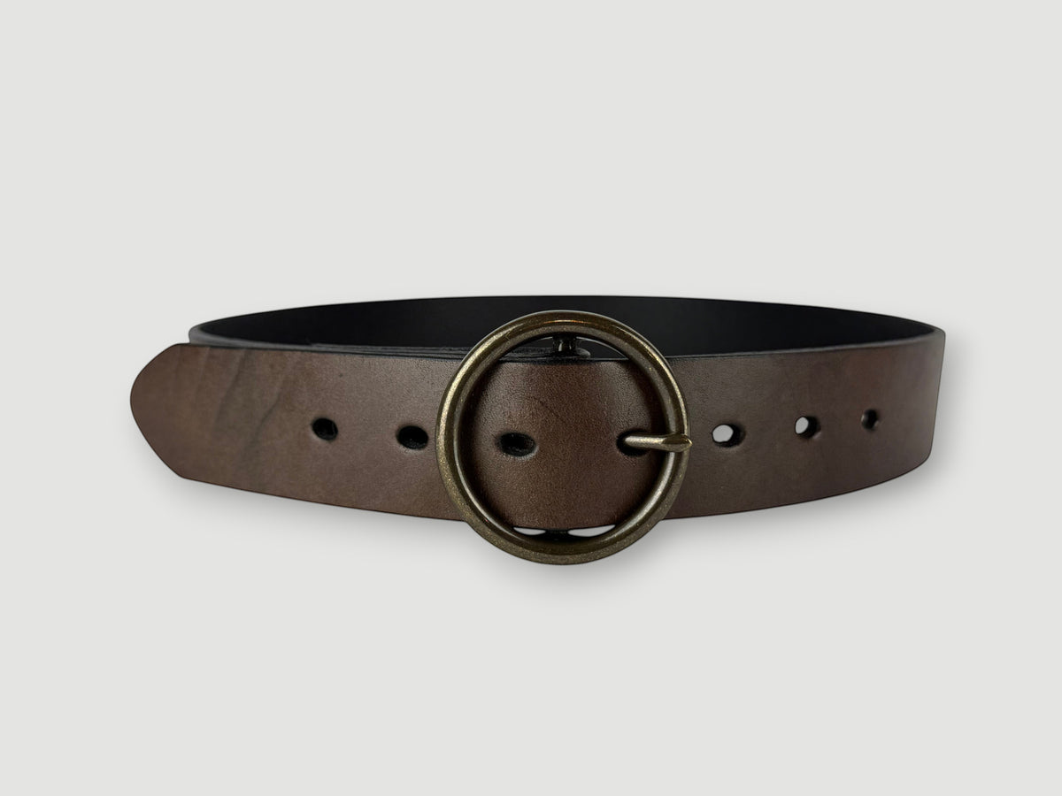 "Folio" Leather Belt - 1 1/2" Wide, Mocha Brown, No Stitching, O-Ring Buckle, Antique Brass