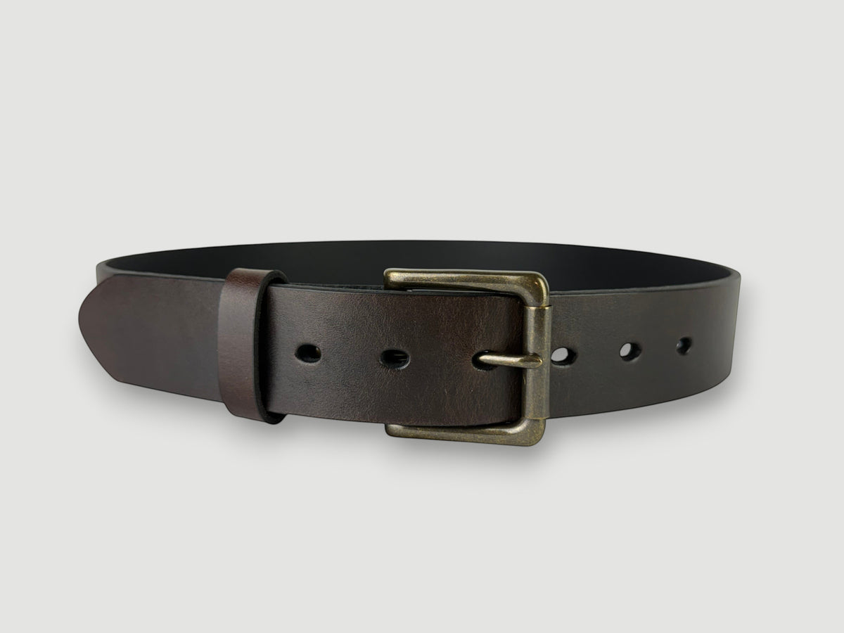 "Folio" Leather Belt - 1 1/2" Wide, Mocha Brown, No Stitching, Roller Bar Buckle, Antique Brass